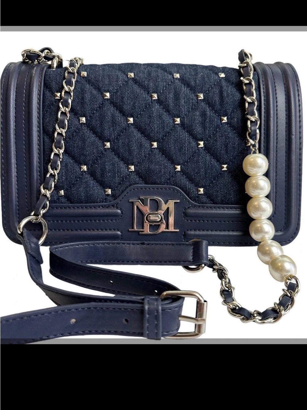 NEW! Badgley Mischka Blue Denim Diamond Quilted Faux Pearl Crossbody